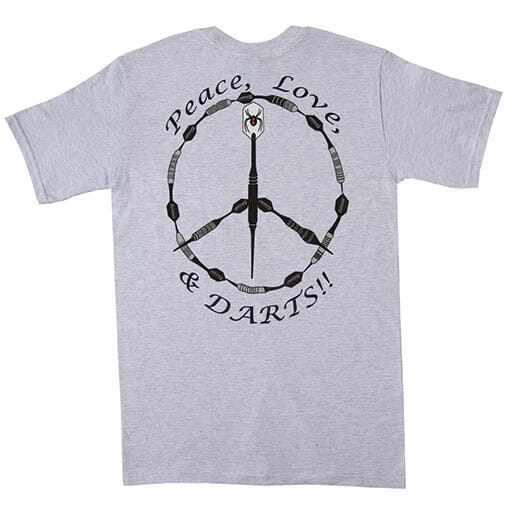 Gray Laserdarts Peace, Love & Darts t-shirt, back view showing the graphic