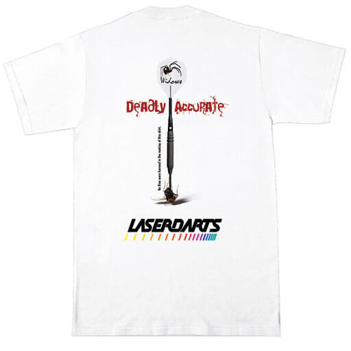 White Laserdarts Spider & Fly t-shirt, back view showing the graphic