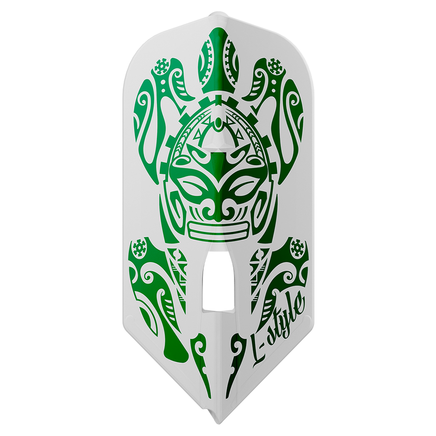 L-Style Signature Champagne flight, Wes White design, white with green mask graphic, slim shape