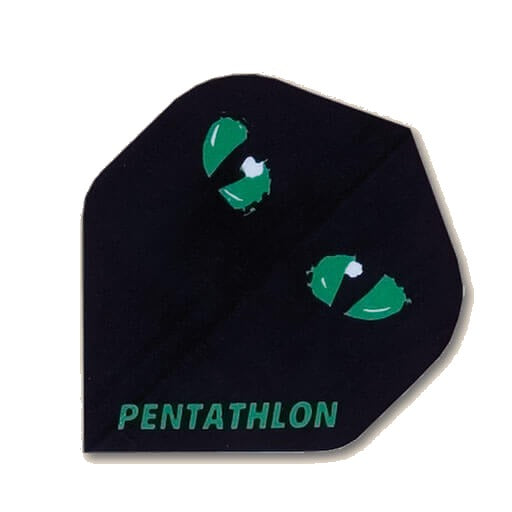 Pentathlon Flights X019, black background with green cat eyes design