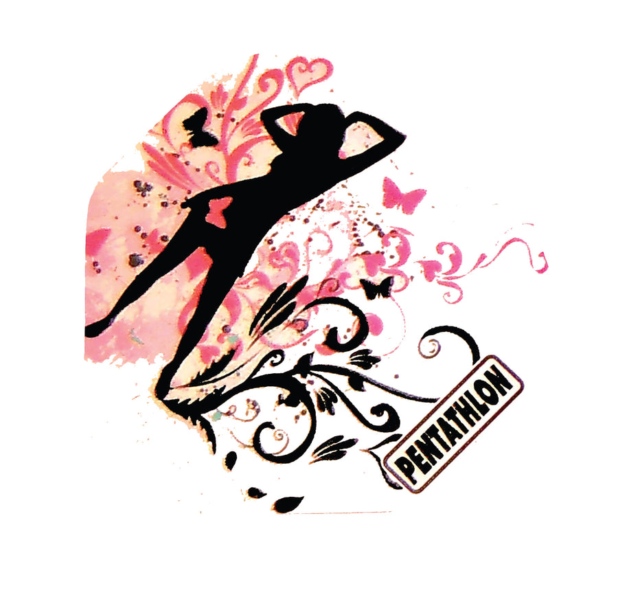 Pentathlon Flights dart flight, white background with black silhouette of a woman in pink