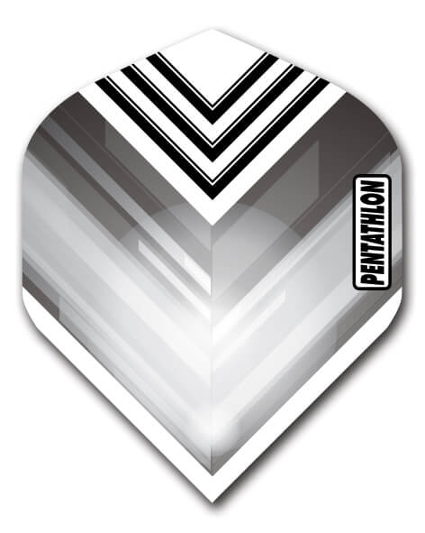Pentathlon dart flight in black, white, and grey