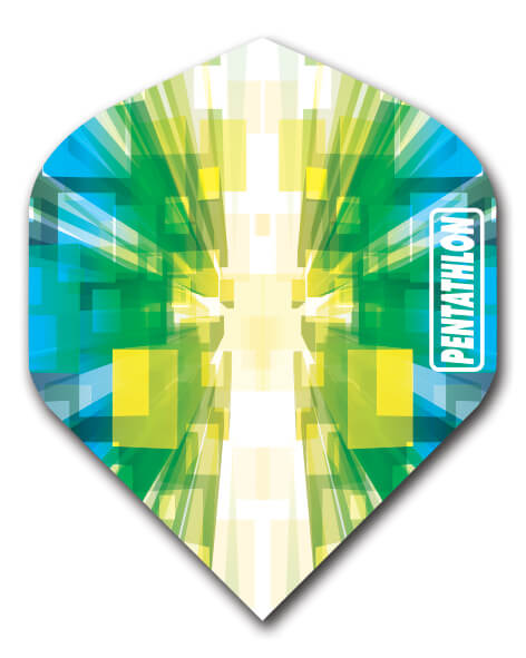 Pentathlon dart flight, green white and yellow starburst design