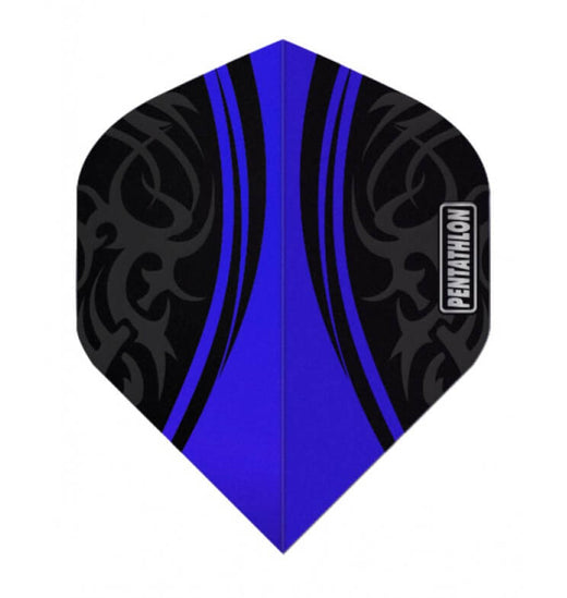 Black and blue Pentathlon dart flight with matte black tribal design