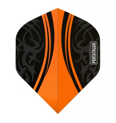 Black and orange Pentathlon dart flight with matte black tribal design