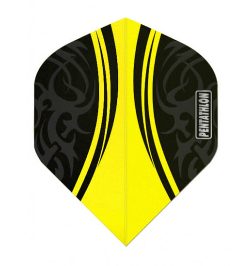 Black and yellow Pentathlon dart flight with matte black tribal design
