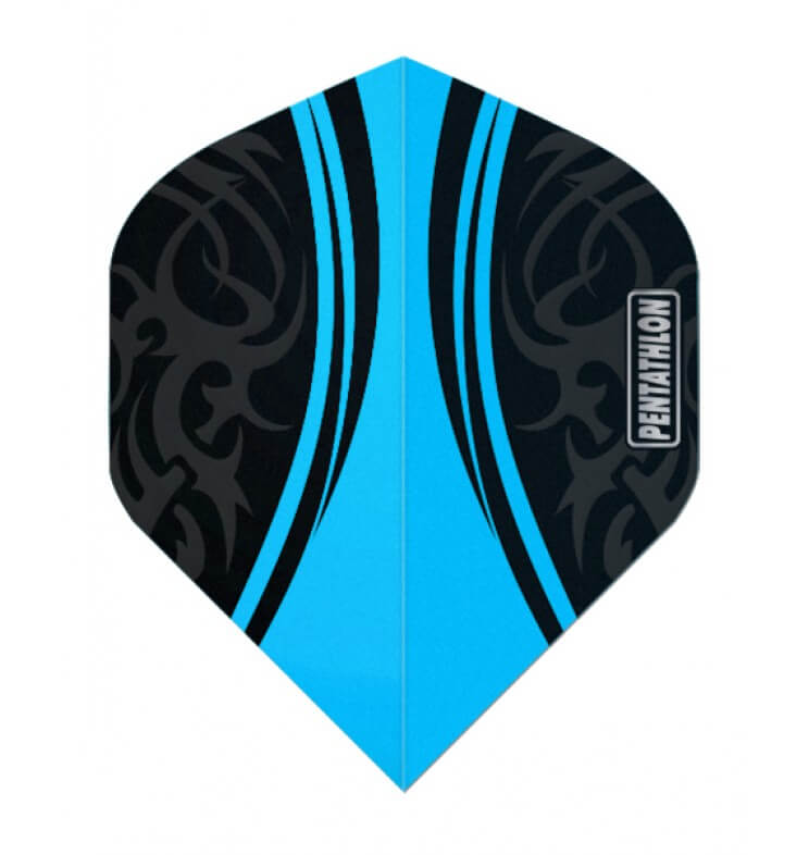 Pentathlon dart flight in black and teal with a matte black tribal design