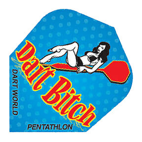 Pentathlon dart flight in aqua with light blue polka dots and a red dart graphic