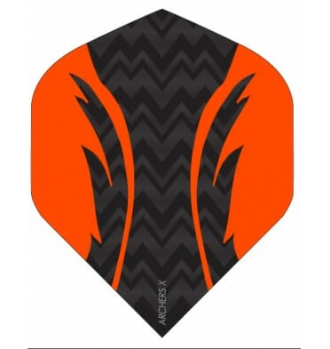 Archers X dart flight in orange and black with a matte black design