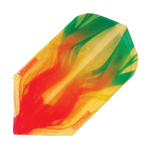 Pentathlon Flights dart flight in pink, yellow, green, and clear